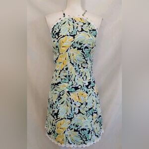 Crown & Ivy Cayo Coco Halter Style Tropical Palm Short Dress Blue Multi Sz 12